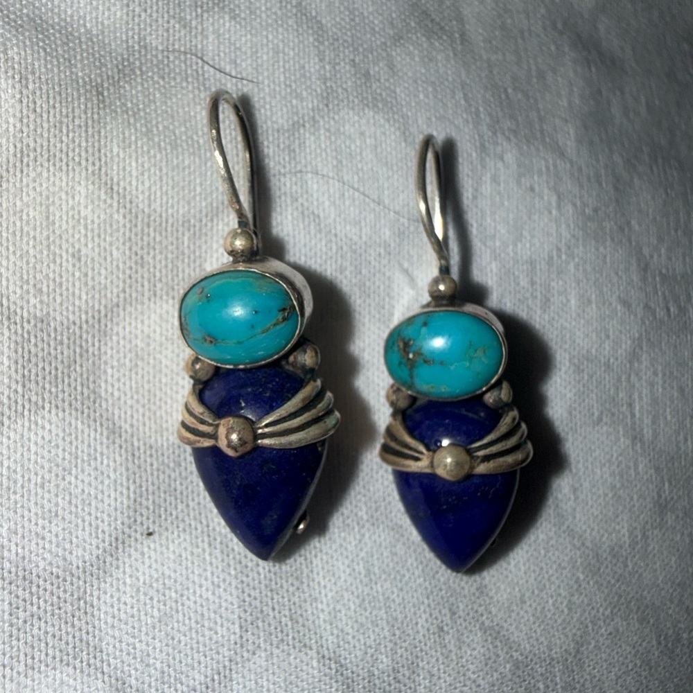 Sterling Silver 925 Turquoise and Lapis Drop Earrings